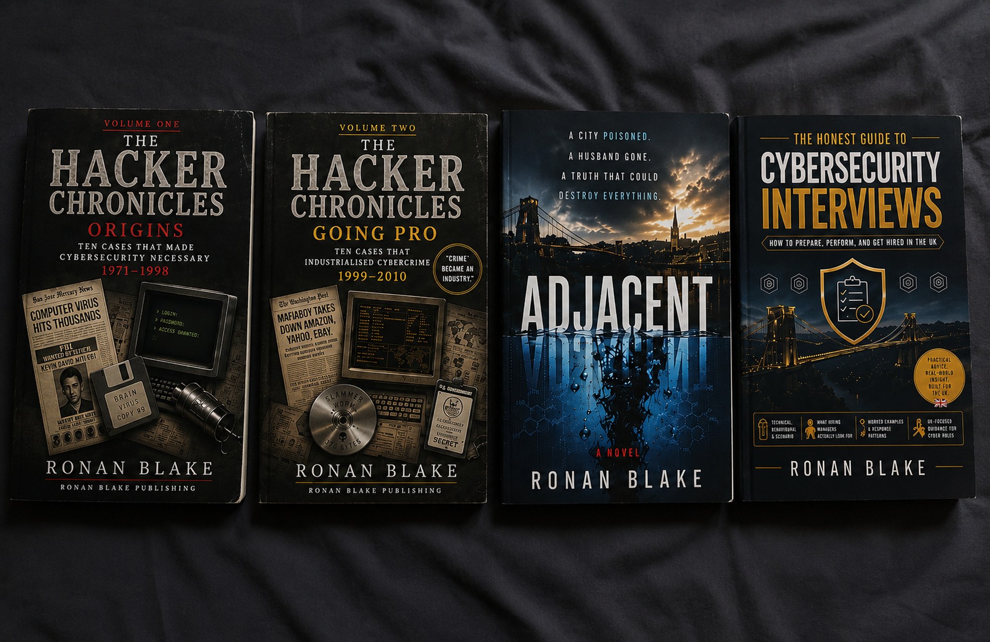 The Hacker Chronicles Volumes One and Two, Adjacent, and The Honest Guide to Cybersecurity Interviews in paperback